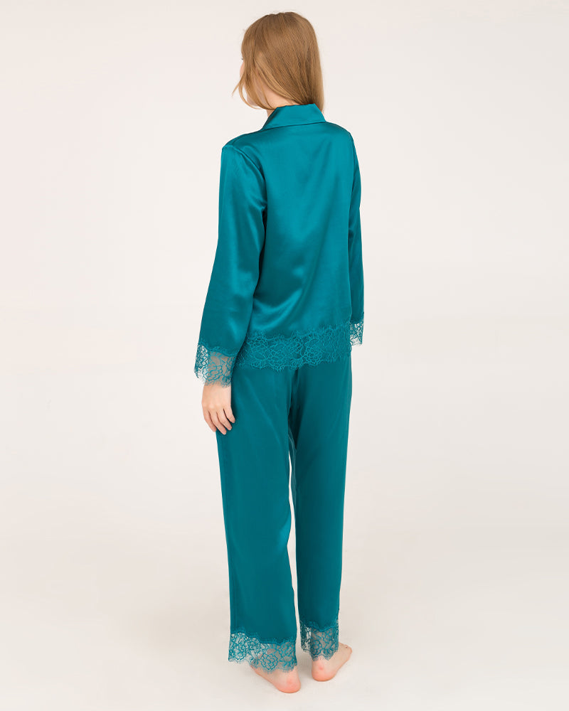 Elegant Lace Trim Silk Pajamas Set Peacock Blue