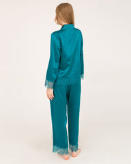 Elegant Lace Trim Silk Pajamas Set Peacock Blue