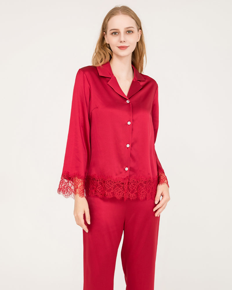 Elegant Lace Trim Silk Pajamas Set Burgundy