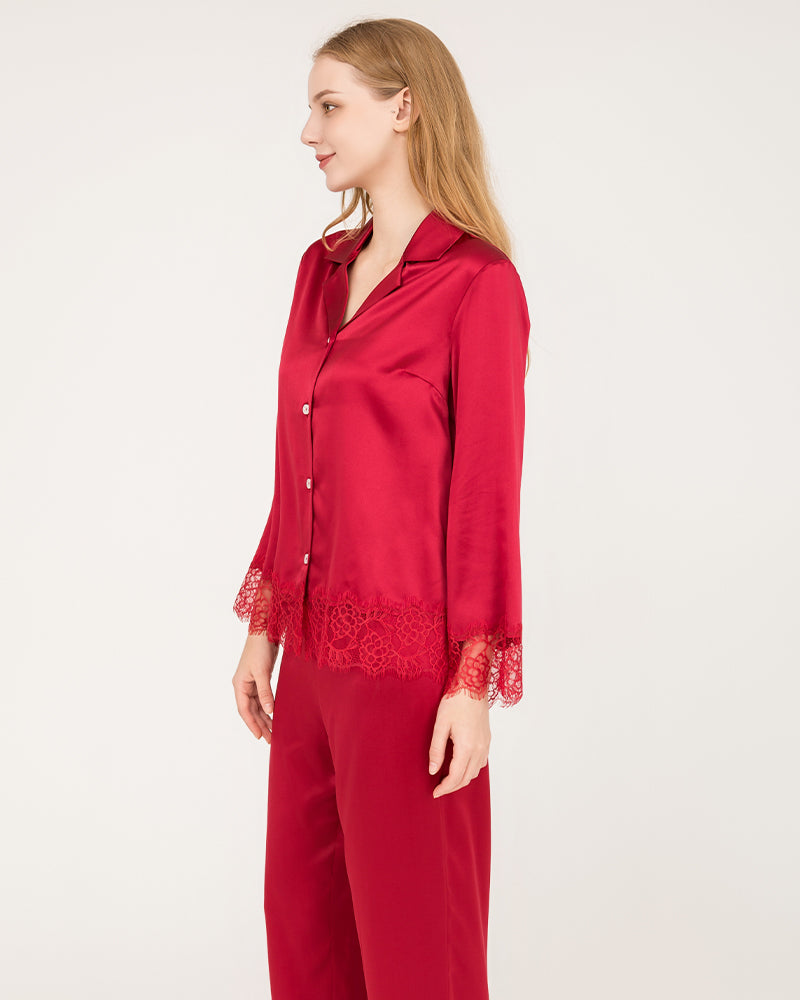 Elegant Lace Trim Silk Pajamas Set Burgundy