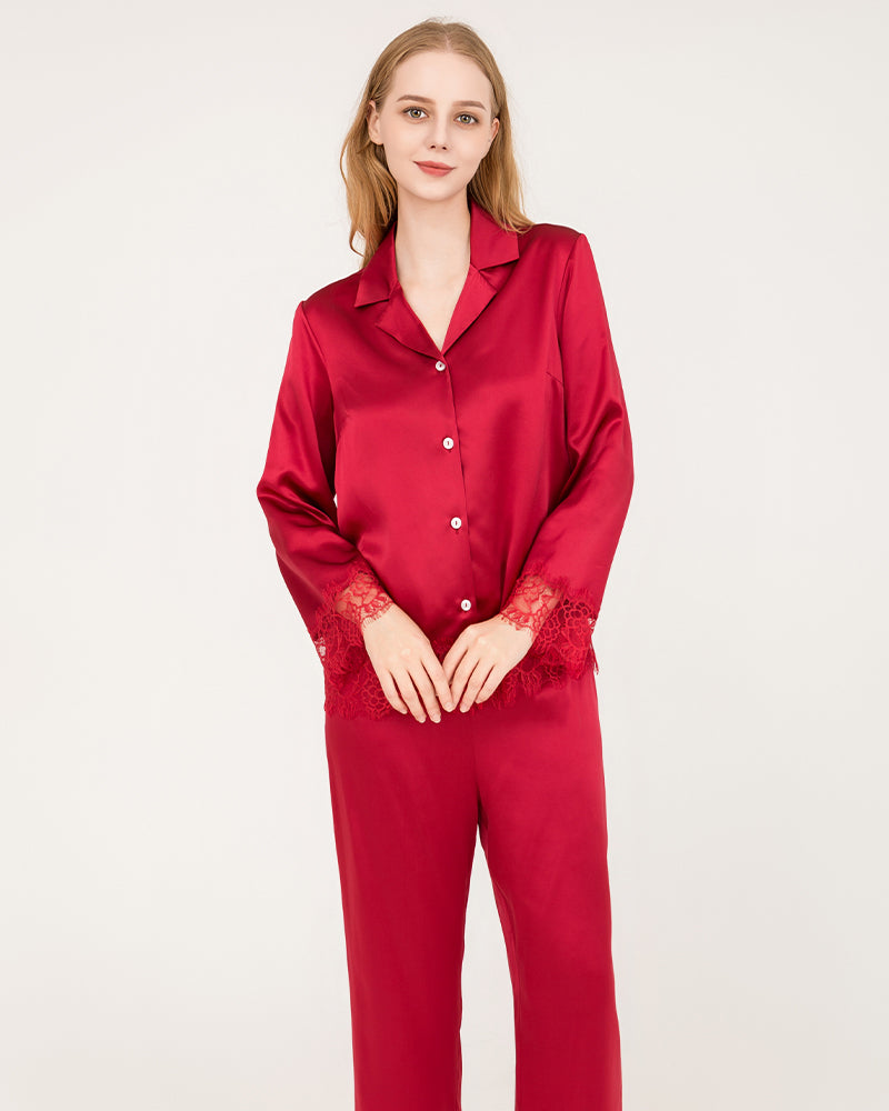 Elegant Lace Trim Silk Pajamas Set Burgundy