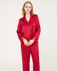 Elegant Lace Trim Silk Pajamas Set Burgundy