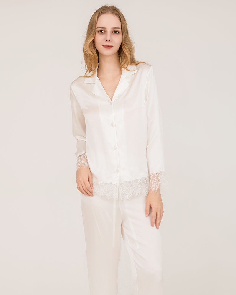 Elegant Lace Trim Silk Pajamas Set White