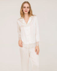 Elegant Lace Trim Silk Pajamas Set White