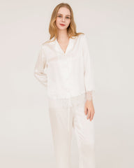 Elegant Lace Trim Silk Pajamas Set White