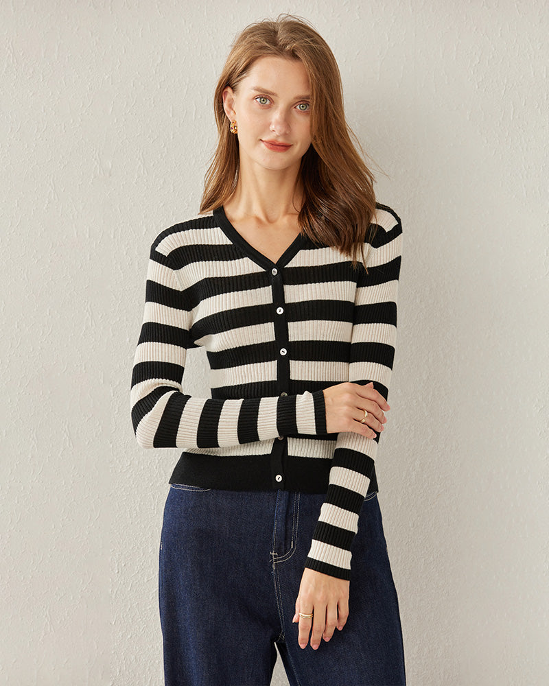 Classic Stripe V-Neck Cardigan Black