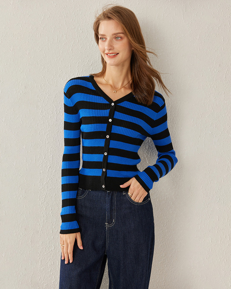 Classic Stripe V-Neck Cardigan Blue