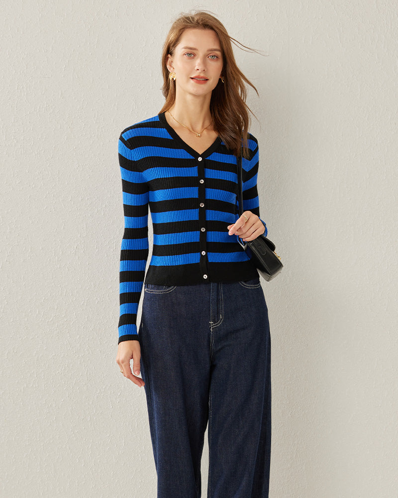 Classic Stripe V-Neck Cardigan Blue