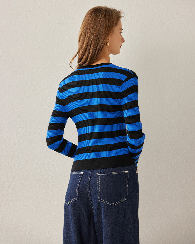 Classic Stripe V-Neck Cardigan Blue