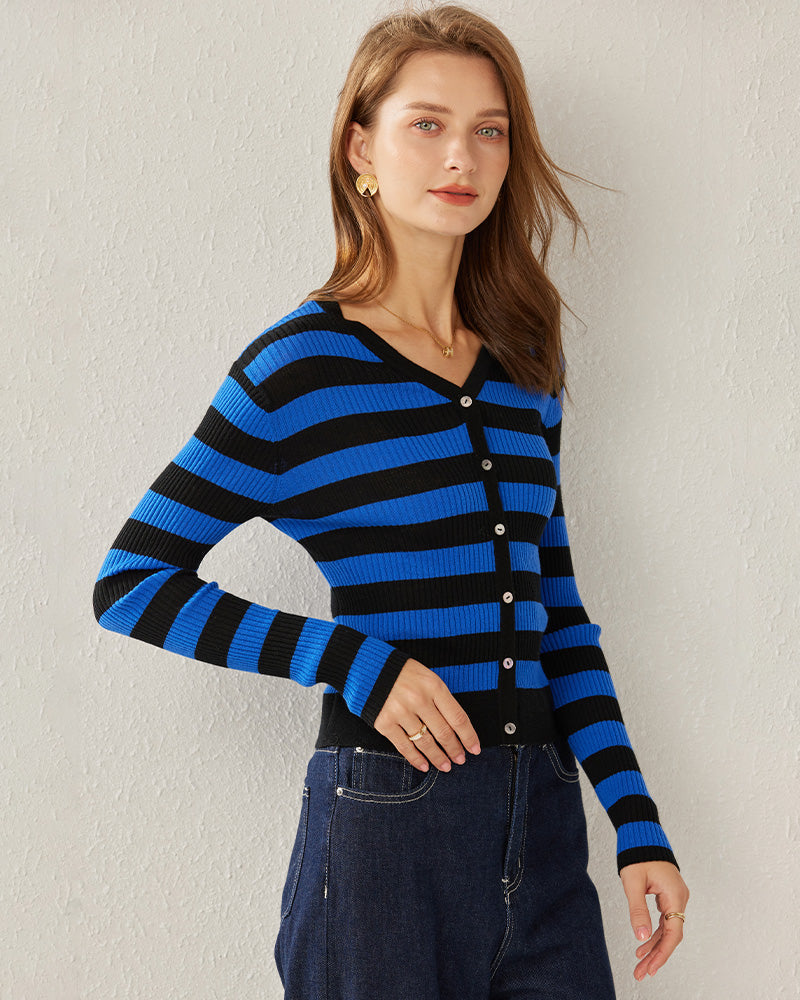 Classic Stripe V-Neck Cardigan Blue