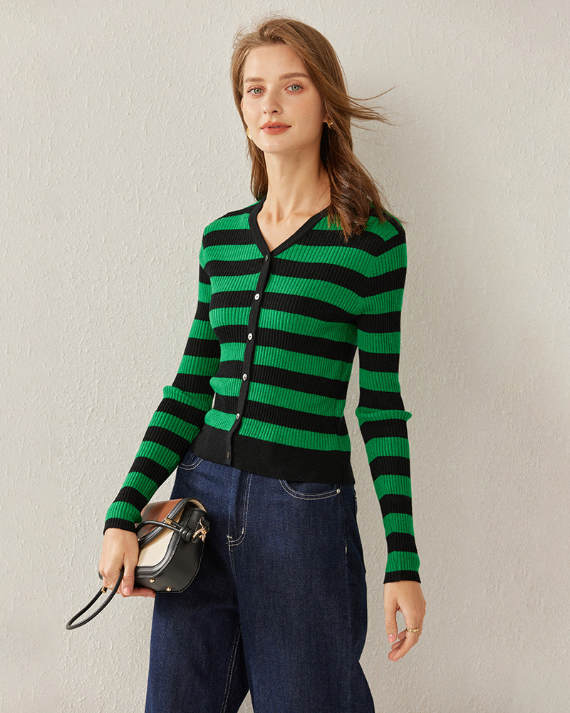 Classic Stripe V-Neck Cardigan Green