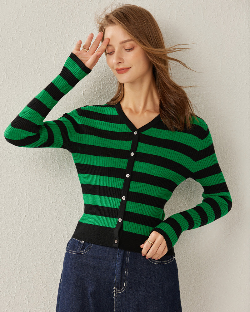 Classic Stripe V-Neck Cardigan Green