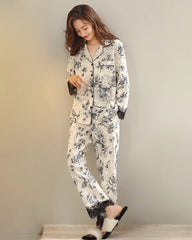 Floral Lace Trim Long Sleeve Silk Pajama Set
