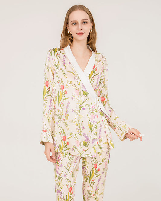 Floral Print Luxurious Pure Silk Pajamas Set