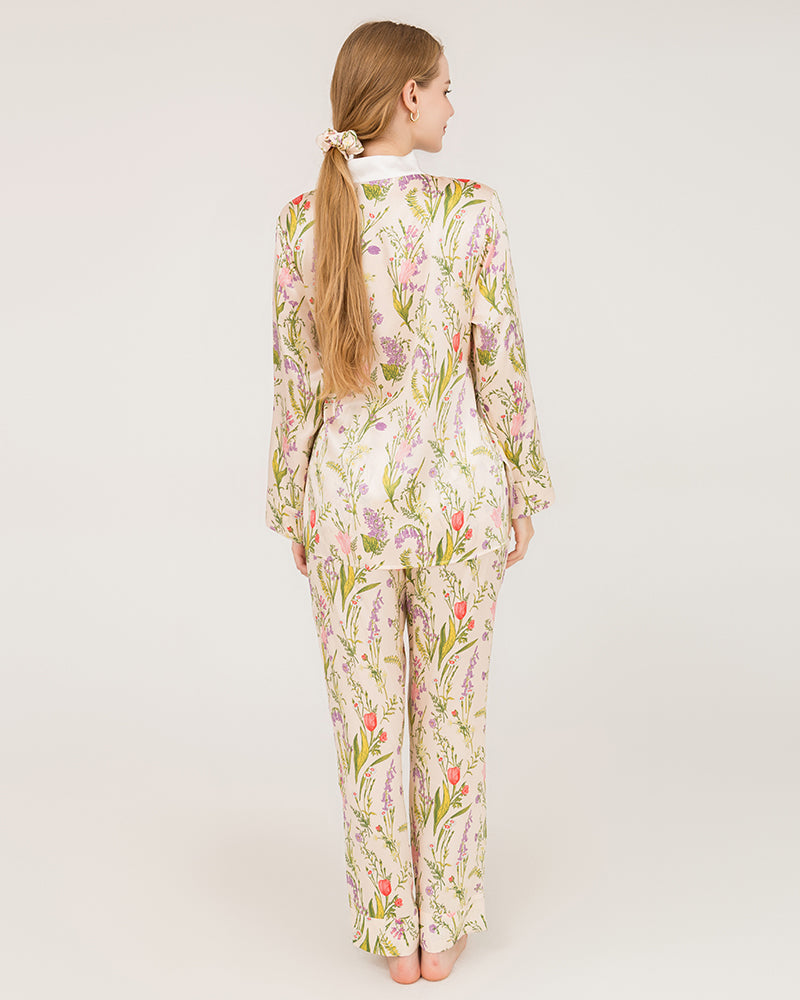 Floral Print Luxurious Pure Silk Pajamas Set