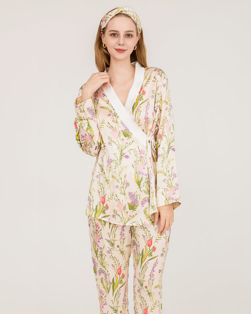 Floral Print Luxurious Pure Silk Pajamas Set