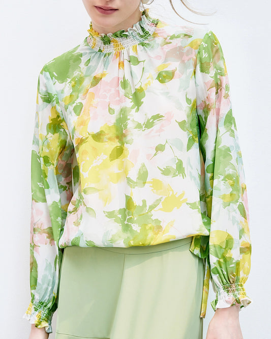 Floral Silk Blouse with Ruffles
