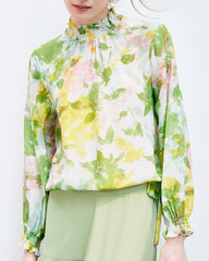 Floral Silk Blouse with Ruffles