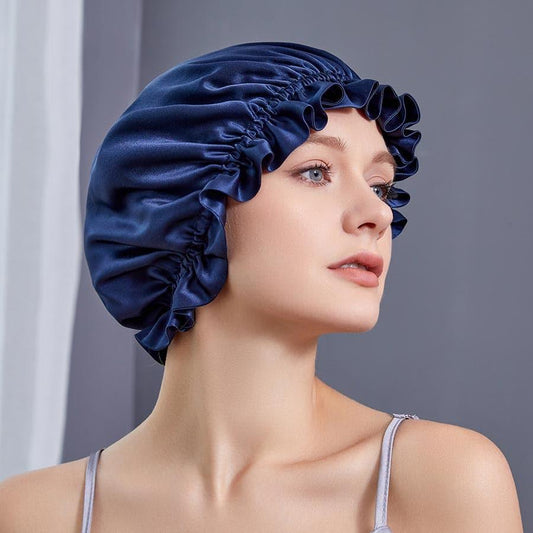 Flounced Silk Night Sleep Caps Navy