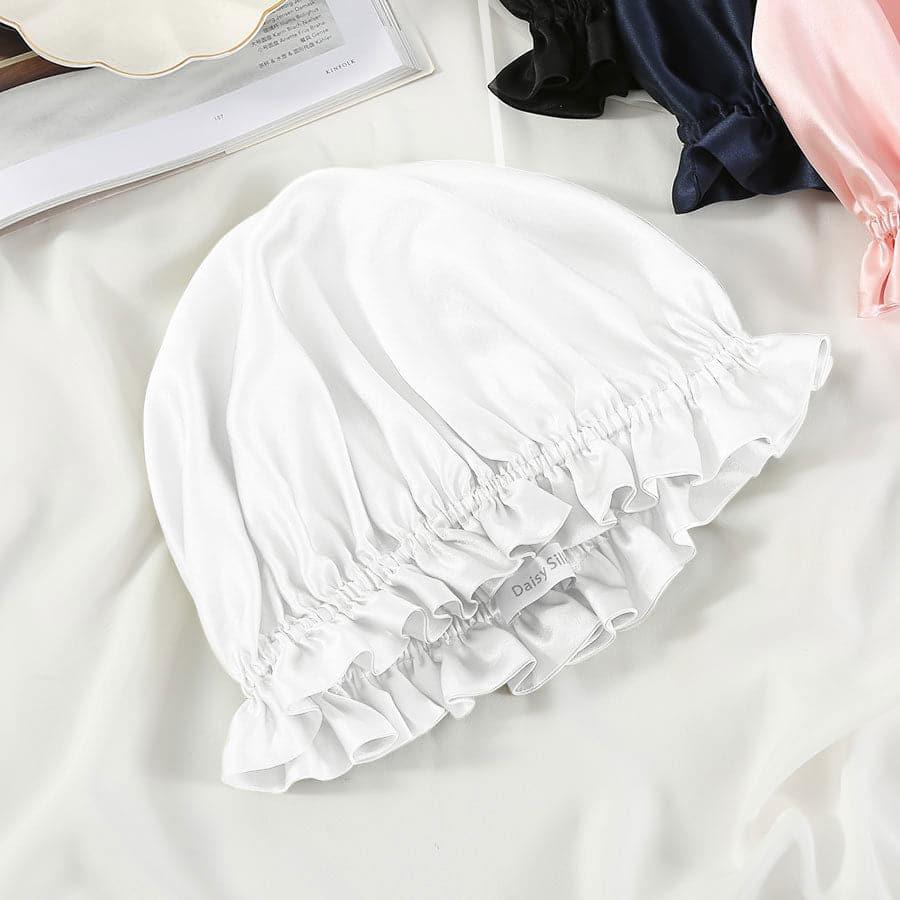 Flounced Silk Night Sleep Caps White