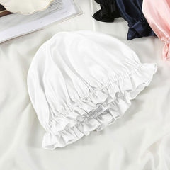 Flounced Silk Night Sleep Caps White