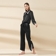 French Peaked Collar Silk Pajamas For Lady Black