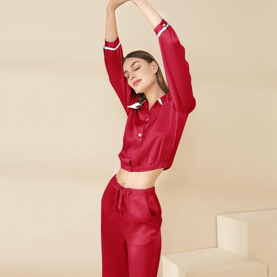 French Peaked Collar Silk Pajamas For Lady Burgundy