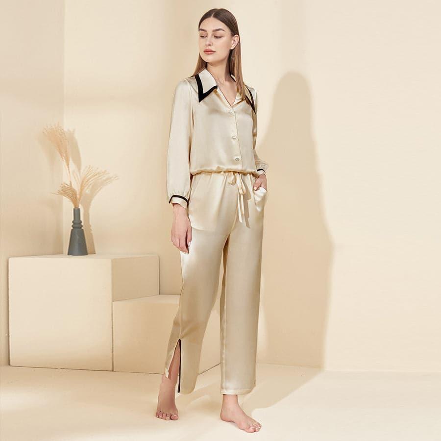 French Peaked Collar Silk Pajamas For Lady Champagne