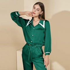 French Peaked Collar Silk Pajamas For Lady Dark Green
