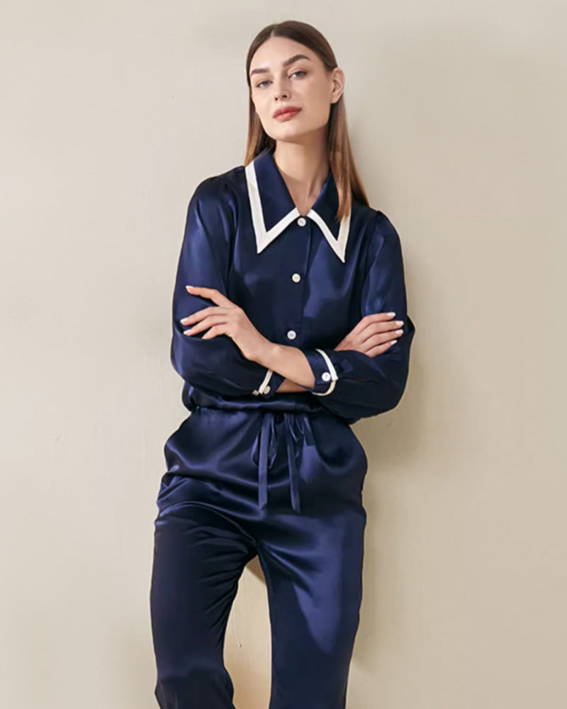 French Peaked Collar Silk Pajamas For Lady Navy