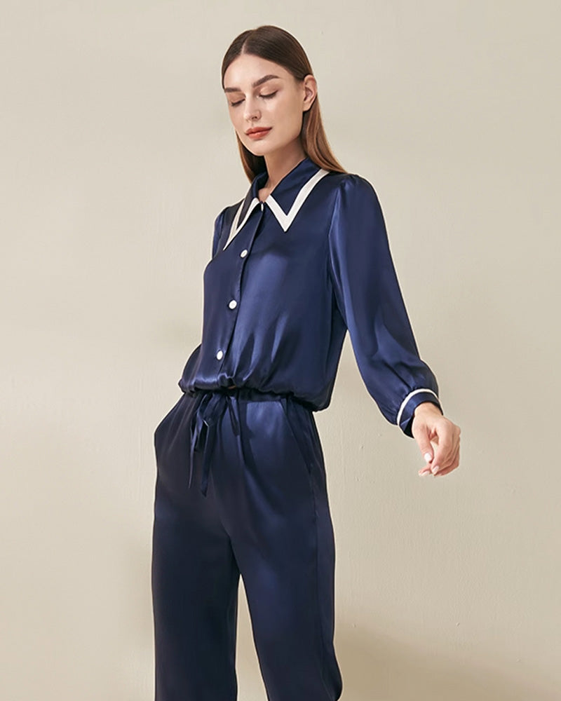 French Peaked Collar Silk Pajamas For Lady Navy