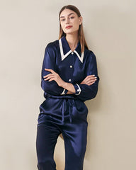 French Peaked Collar Silk Pajamas For Lady Navy