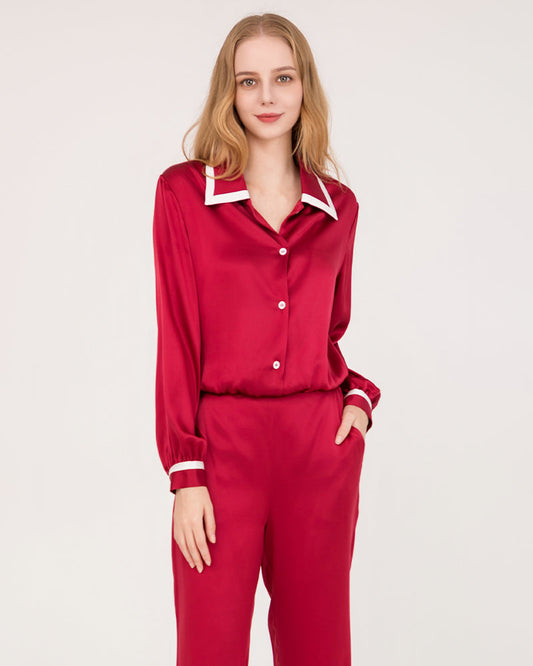 French Peaked Collar Silk Pajamas For Lady Burgundy