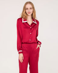 French Peaked Collar Silk Pajamas For Lady Burgundy