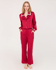 French Peaked Collar Silk Pajamas For Lady Burgundy