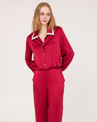 French Peaked Collar Silk Pajamas For Lady Burgundy