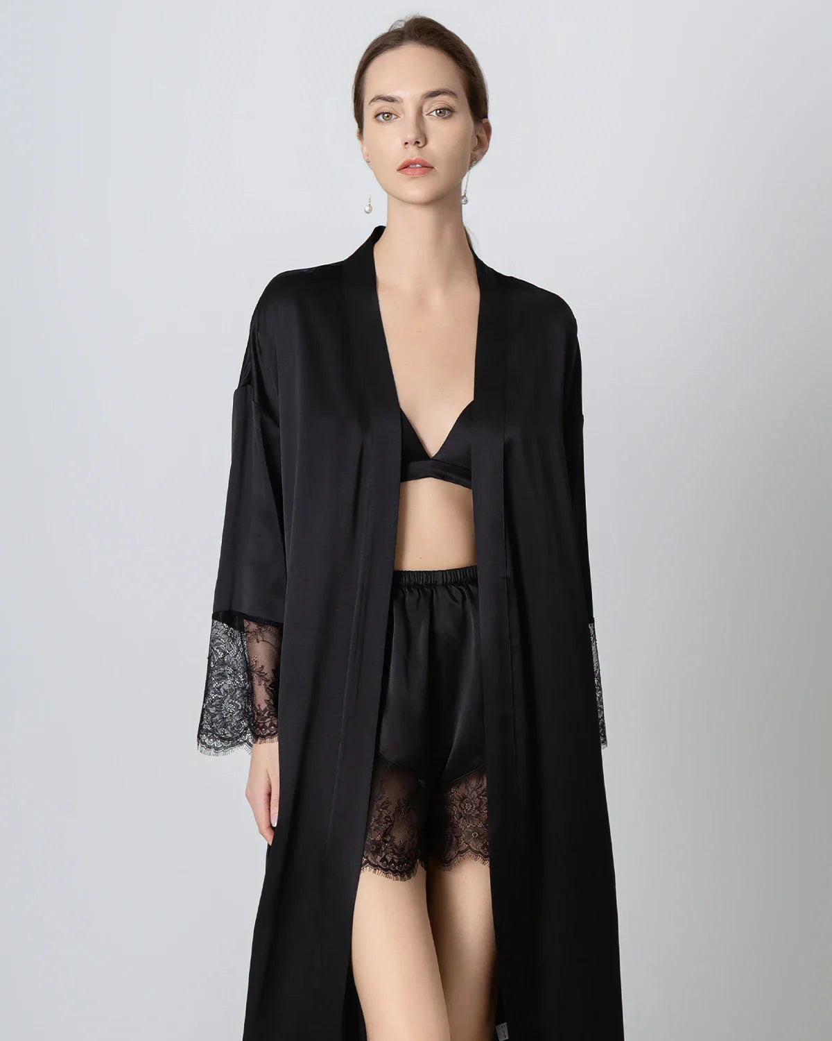 Full Length Lace Silk Robe for Women Black