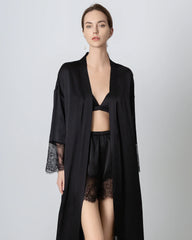 Full Length Lace Silk Robe for Women Black