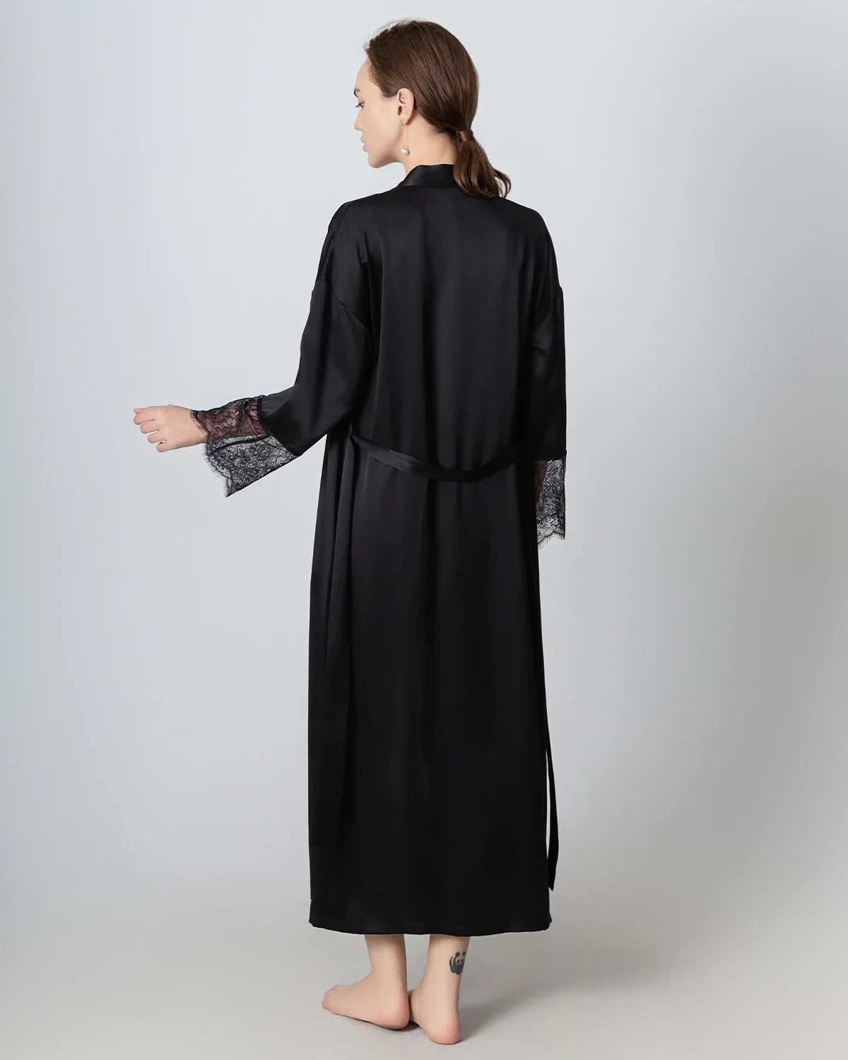 Full Length Lace Silk Robe for Women Black