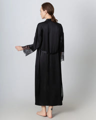 Full Length Lace Silk Robe for Women Black