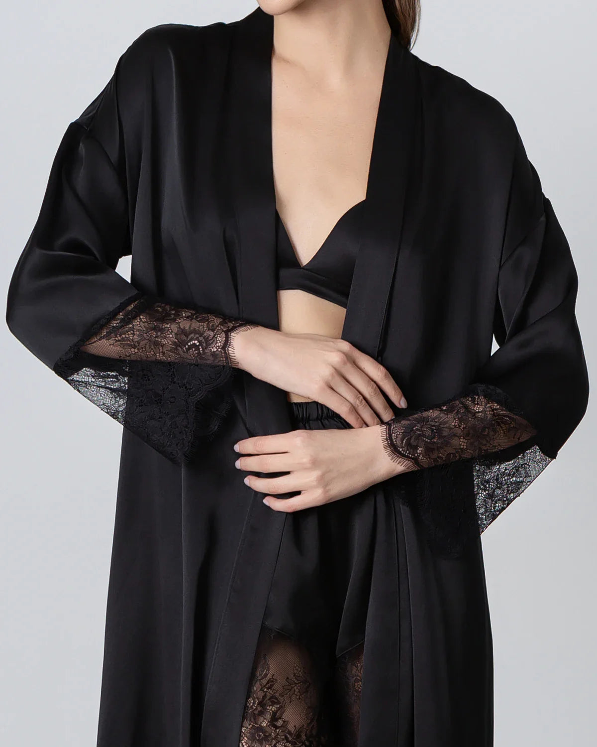 Full Length Lace Silk Robe for Women Black
