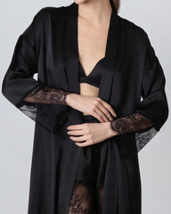 Full Length Lace Silk Robe for Women Black