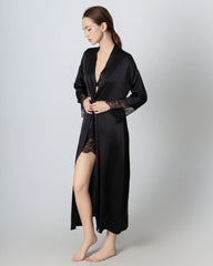 Full Length Lace Silk Robe for Women Black