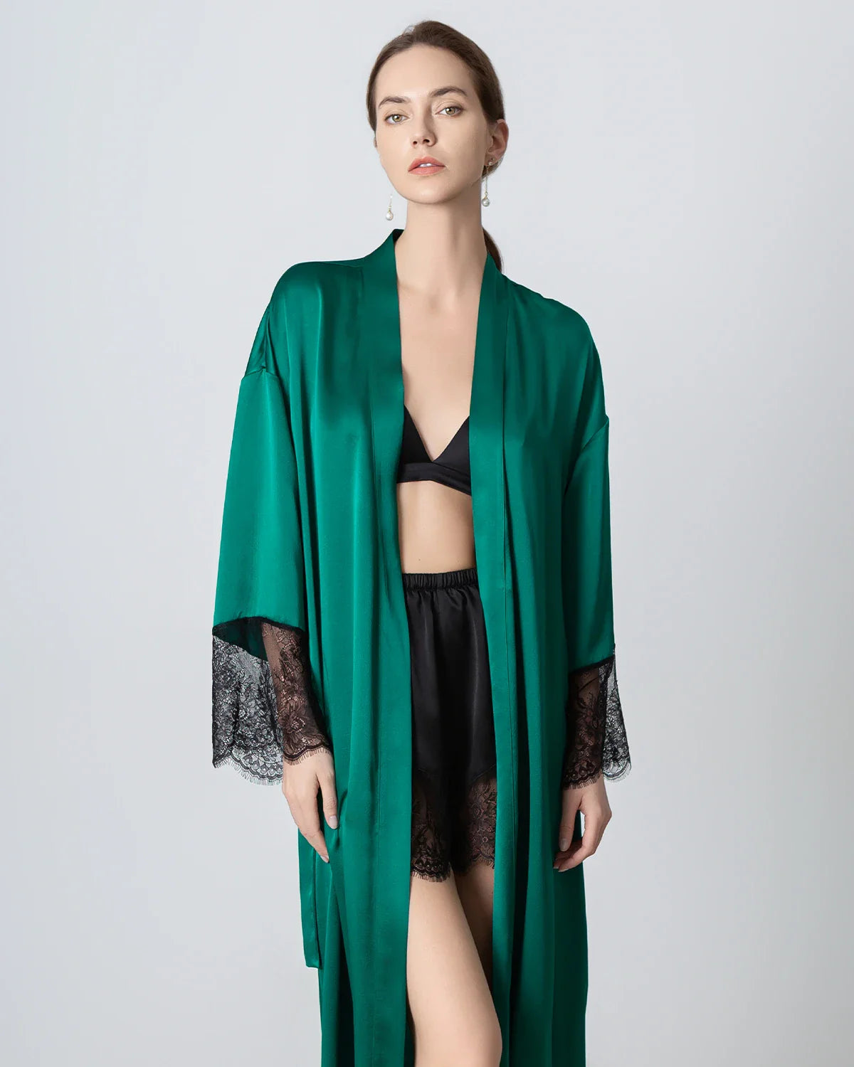 Full Length Lace Silk Robe for Women Dark Green