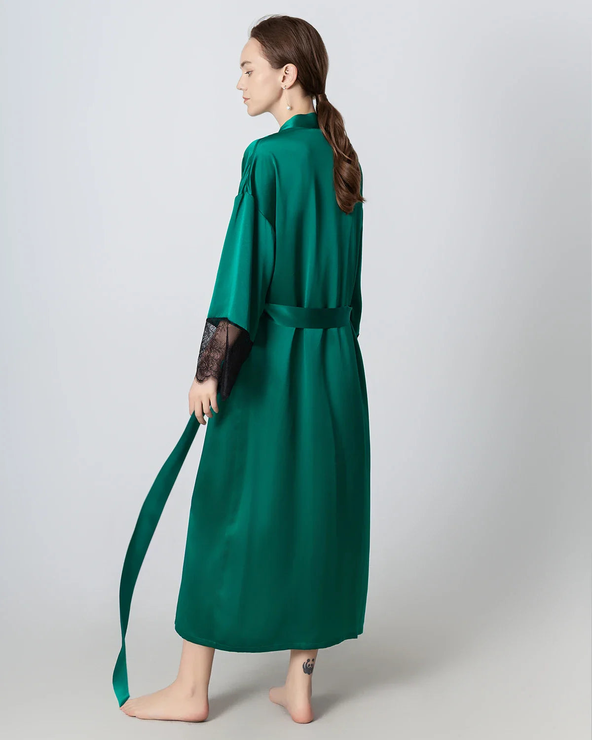 Full Length Lace Silk Robe for Women Dark Green