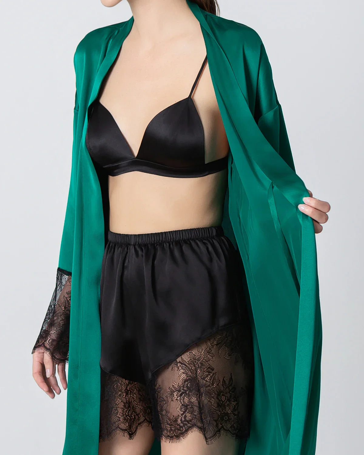 Full Length Lace Silk Robe for Women Dark Green