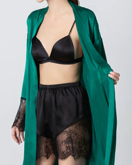 Full Length Lace Silk Robe for Women Dark Green
