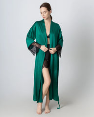 Full Length Lace Silk Robe for Women Dark Green