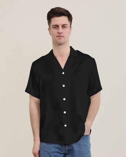 Gentle Lapel Collar Silk Short Shirt Blouse For Men Black