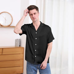Gentle Lapel Collar Silk Short Shirt Blouse For Men Black